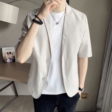 秋季冰絲五分袖西服外套男薄款中袖小西裝潮流帥氣休閑單西上衣服