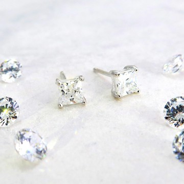 ART64 純銀 3mm白鑽方形 爪鑲耳環 單鑽系列 925純銀耳環
