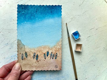 衝浪畫海原創藝術船水彩小藝術品迷你牆藝術