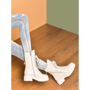 正品媽媽馬丁靴真皮新款白色百搭粗跟潮酷春秋瘦瘦單靴高短靴夏季