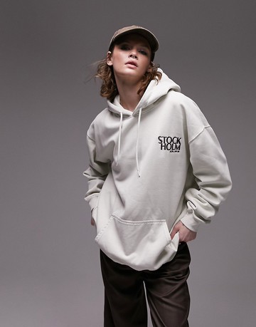Topshop graphic vintage wash Stockholm hoodie in ecru-Red
