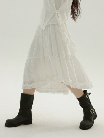 白色 不規則花邊半身裙 法式溫柔高腰中長裙