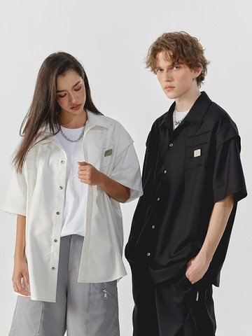 小眾解構壓褶設計感襯衫男女夏季短袖潮牌美式白色半截袖【木屋雜貨】