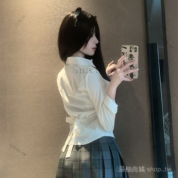 🎇可開發票✨辣妹學院長袖白色襯衫修身收腰顯瘦係帶製服襯衣設計新款束腰上衣#免運