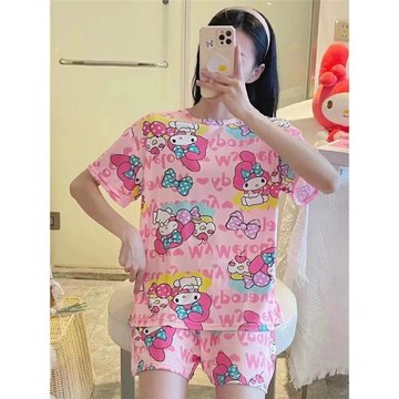 滌綸面料短袖短褲睡衣套裝女生夏季休閑寬松甜美可愛卡通可家居服