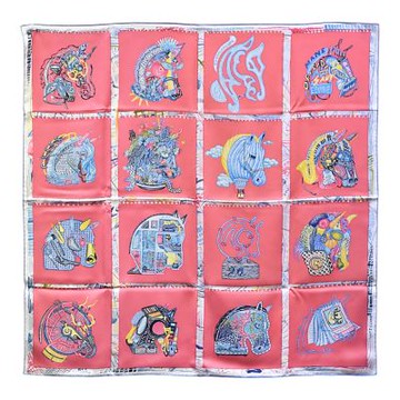 HERMES 經典Chevaloscope方格圖騰絲質方巾/披巾(粉/白/藍)