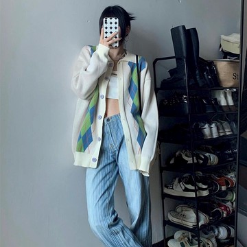 2022春季新款寬松慵懶風菱格拼色針織開衫毛衣女設計感外套上衣潮