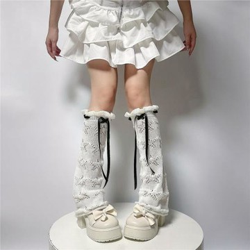 鏤空蝴蝶結花邊襪套可愛系帶四季中筒腿襪白色毛球堆堆襪女