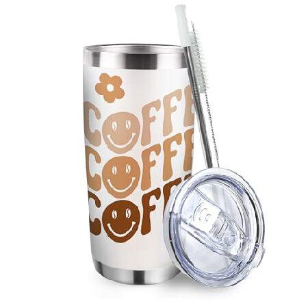 Zzkol Smiley Faces Coffee Tumbler with Lid and Straw, Flower Floral Stainless Steel Travel Coffee Cup, Cute Cartoon Birthday Mug Gifts, 20oz Double Wa