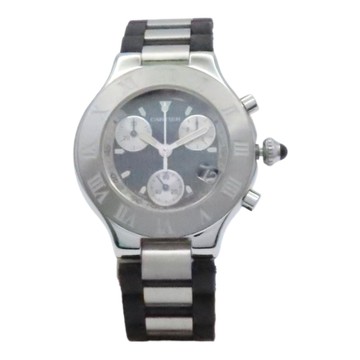 Cartier 卡地亞 黑錶面 不鏽鋼錶帶 Must 21 Chronoscaph 鋼石英男錶 W10125U2 【二手名牌BRAND OFF】