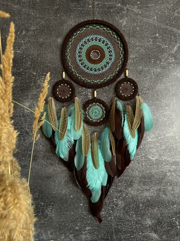 手工薄荷色、綠松石和棕羽毛捕夢網 – 波西米亞風牆壁裝飾