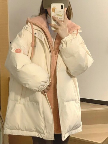 韓版拼色加厚連帽假兩件ins中長款棉服女學生棉衣外套潮時尚百搭冬季新款【倪醬】