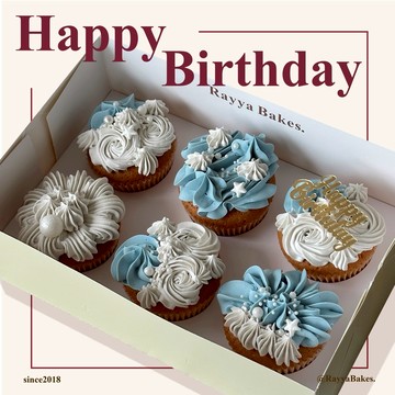 【Rayya Bakes】【6入】藍白色生日杯子蛋糕／一口甜心Cupcake系列／生日蛋糕推薦