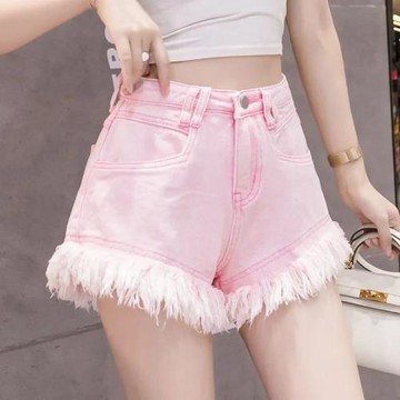 夏季新款粉色牛仔褲女歐美風大毛邊修身顯瘦百搭喇叭高腰牛仔短褲