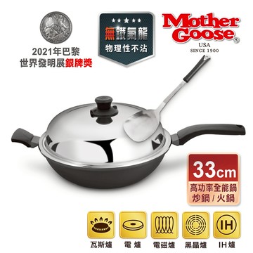 【美國MotherGoose鵝媽媽】晶鑽輕量 節能航太合金 物理不沾鍋/炒鍋36cm 雙耳+不繡鋼鍋鏟