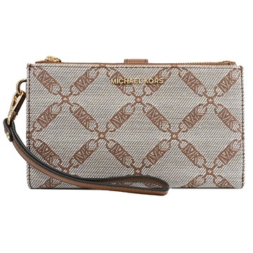 MICHAEL KORS JET SET 緹花拼接手提式雙拉鍊長夾.咖邊