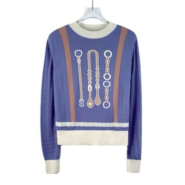 (S) hermes質感羊毛圖案圓領藍色長袖上衣