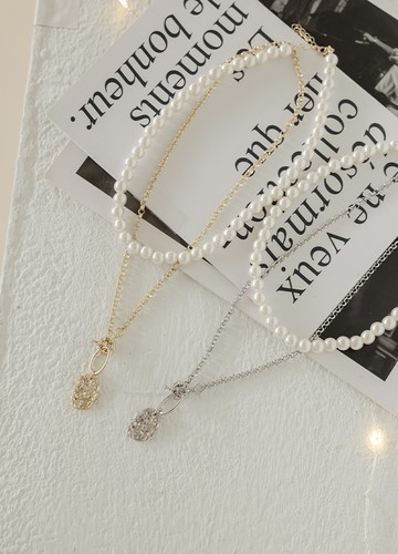 個性壓痕+珍珠項鍊兩件組