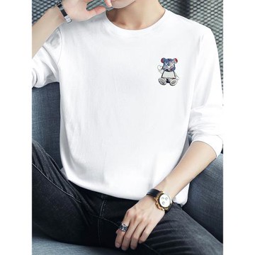 2025新款純棉長袖t恤男裝小熊印花白色上衣服寬松內搭全棉打底衫