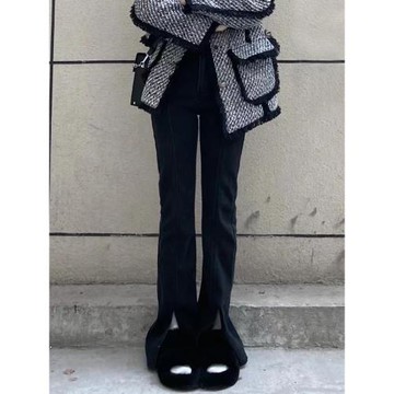 開叉喇叭褲女秋季冬2025新款高腰直筒微喇褲子百搭顯瘦黑色休閑褲