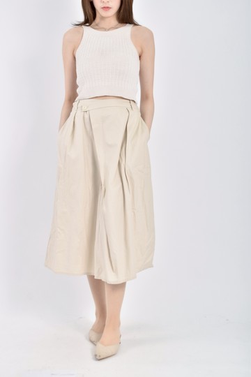 (M) 質感棉質亞麻鬆緊腰杏色長裙