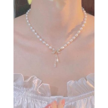 蝴蝶結淡水仿珍珠項鏈女款2025新款鎖骨鏈高級感輕奢小眾頸鏈