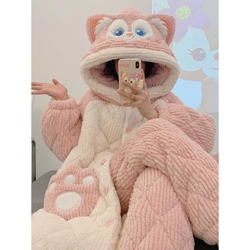 2025新款加絨加厚珊瑚絨三層夾棉秋冬季天女士睡衣睡袍家居服套裝