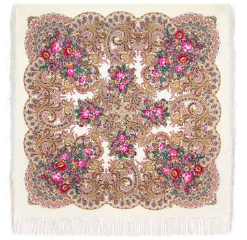 Pavlovo Posad 俄羅斯披肩 100% 羊毛圍巾 125x125 公分包裹式絲綢流蘇 2105-0