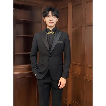 啄木鳥新款中式西裝男套裝中山訂新郎結婚禮服西服高檔修身主持人