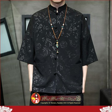 中國風竹子壓花男裝唐裝上衣夏季新中式短袖漢服襯衫-竹匠(黑色)-水水女人國