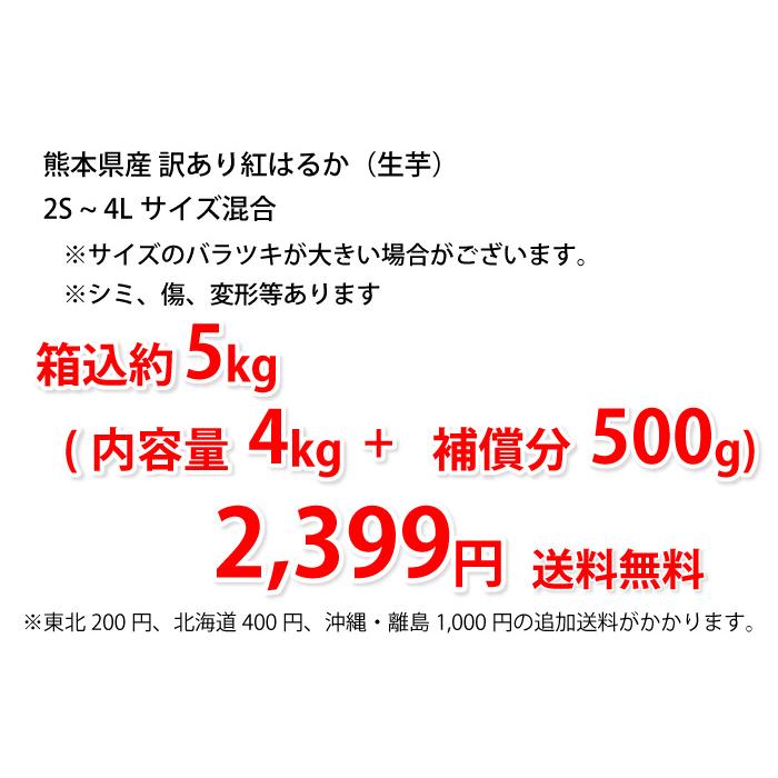 紅はるか 訳あり 箱込5kg 内容量4kg 補償分500g 送料無料 生芋 さつまいも  熊本県産 べにはるか サツマイモ  焼き芋に 芋 いも