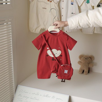 周歲嬰兒禮服夏季薄款滿月照百天宴寶寶紅色連體衣超萌短袖包屁衣鑫弘-萌寶童裝可開發票