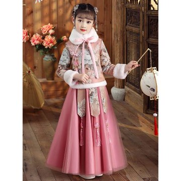 女童漢服加絨2024新款春秋兒童古裝加厚唐裝小女孩古風超仙拜年服