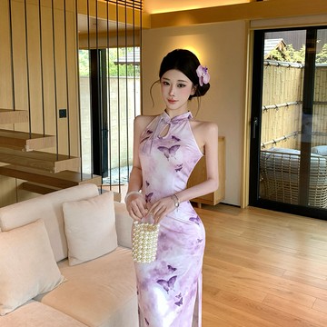 【桃喜Rich女裝】紫色旗袍 無袖旗袍 新中式洋裝 禪意氣質裙子 改良版掛脖旗袍長裙 宴會洋裝 高考旗袍 長版旗袍