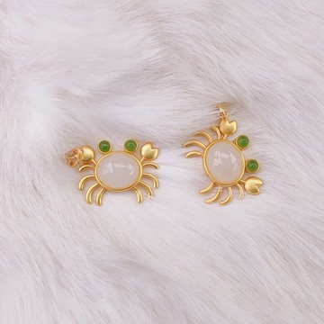 【墜享】天然和田玉白玉小螃蟹S925純銀吊墜招財好運吉祥項鏈飾品