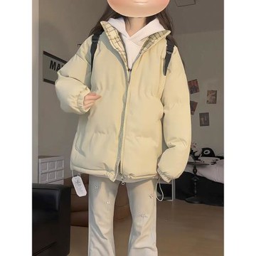顯白復古格子拼接立領棉服女外套冬季新款寬松加厚保暖棉衣面包服
