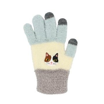日本 TOMO - 大人可觸控短絨保暖手套-貓咪-綠米灰