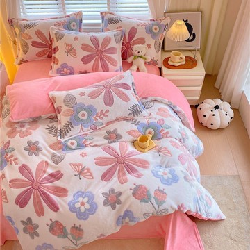 小清新印花雪花絨床包組 四件套 冬季牛奶絨 床單 床包 卡通 被套 保暖 床上用品
