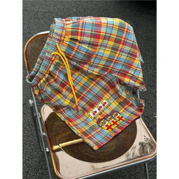 多巴胺卡通刺繡彩色格子五分褲男女夏季美式休閑百搭抽繩短褲情侶