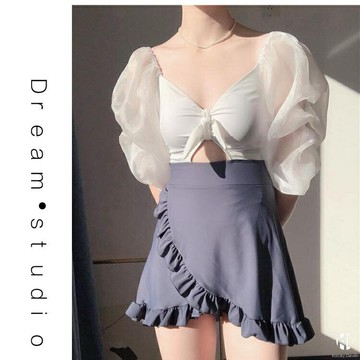 泳衣仙女范保守連體高腰裙式平角泳裝遮肚顯瘦【聚物優品】