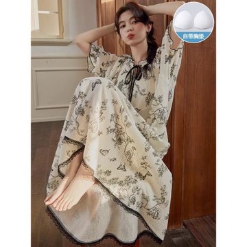 睡裙女款2025新款夏季帶胸墊甜美中長款裙子夏天可外穿睡衣家居服