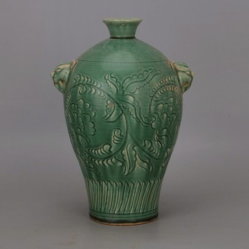 宋 吉州窯綠釉雕刻獅子雙耳梅瓶 仿古出土老貨古瓷器收藏家居擺件