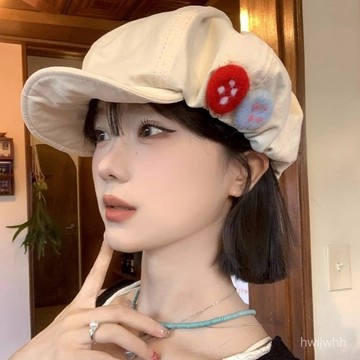 臺灣🙌8H出🔥日係複古棉麻八角帽女夏季彩色毛氈紐扣畵家帽子不對稱雲朵貝雷帽 小香風女孩重工愛心貝雷帽珍珠金屬羊毛呢雲朵畵