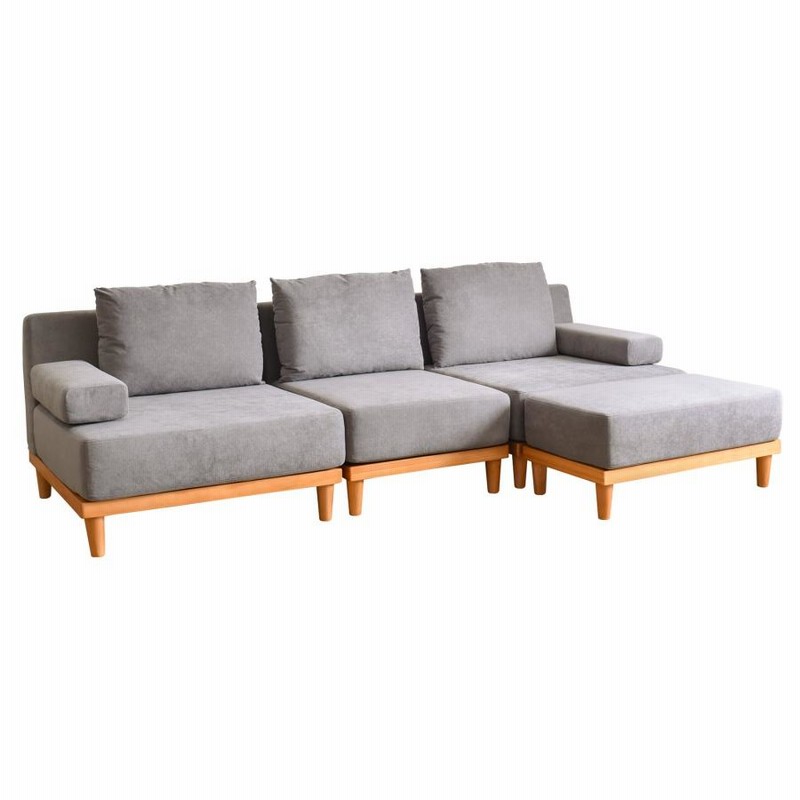 3人掛け カウチソファ オットマン オレンジ系 布地 幅191cm 脚付き