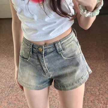 復古做舊牛仔短褲女夏季爆款小個子高腰顯瘦修身直筒熱褲女潮ins短褲女 寬褲女 短褲 五分褲 休閒短褲 居家短褲 a字短褲