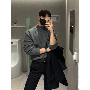 Bcvvlcvv 秋冬季半高領毛衣男寬松慵懶風打底針織衫高級感加厚