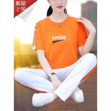 休閑運動套裝女士2022夏季純棉短袖長褲兩件套時尚顯瘦減齡媽媽裝