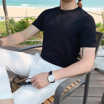 短袖體恤男純色圓領半袖針織冰絲T恤夏季修身潮流內搭凈版打底衫