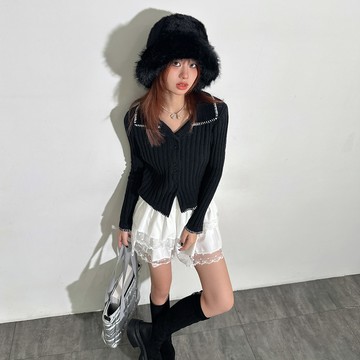 韓系滾邊領毛衣線襯衫-黑【KT224752】