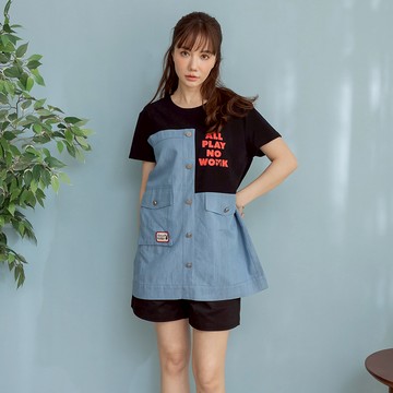 PLAYBOY - 寬鬆拼接牛仔印花長上衣 - 黑色/761-020-09-1
